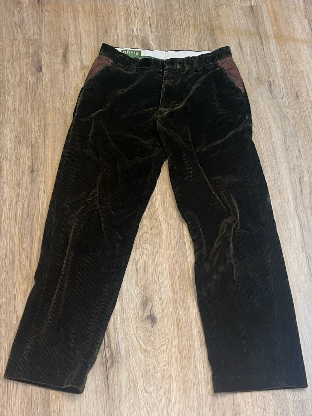 Vintage Orvis Men’s Dark Brown Corduroy Trousers with Leather Pockets
